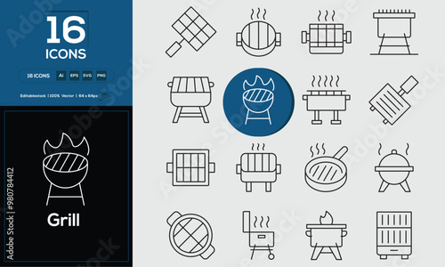 Grill set of outline icons related to analysis, infographic, analytics. Editable stroke. Vector illustration.