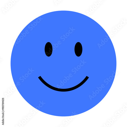 Large blue circle with a simple black smile and eyes, representing happiness and positivity. Ideal for social media, communication, emotion expression, positive reinforcement, children s designs. Mini