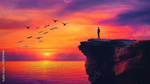 Serene Sunset Over Ocean with Silhouette