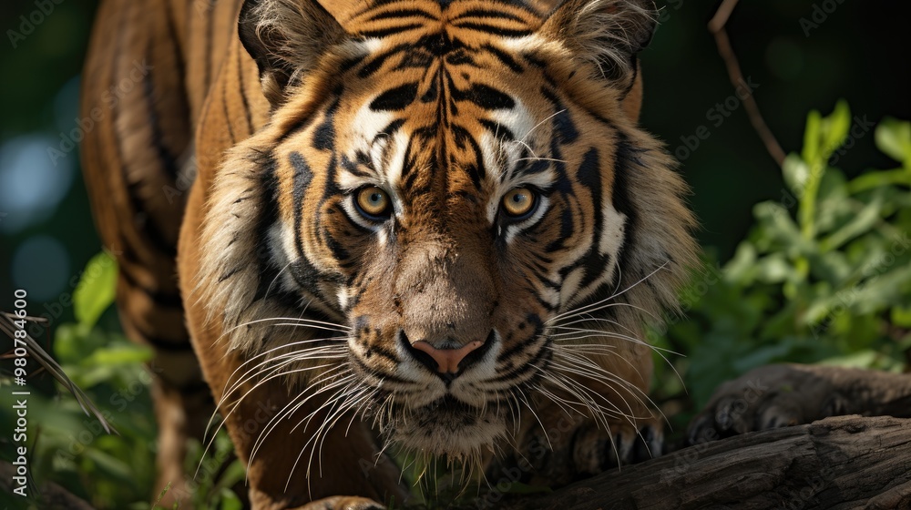 photograph with a narrow depth of field depicting a tiger. photograph with a narrow depth of field depicting a tiger.