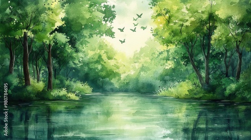 Wallpaper Mural nature watercolor illustration, a watercolor painting of a forest with green trees and a calm lake, ideal for nature-inspired designs and projects Torontodigital.ca