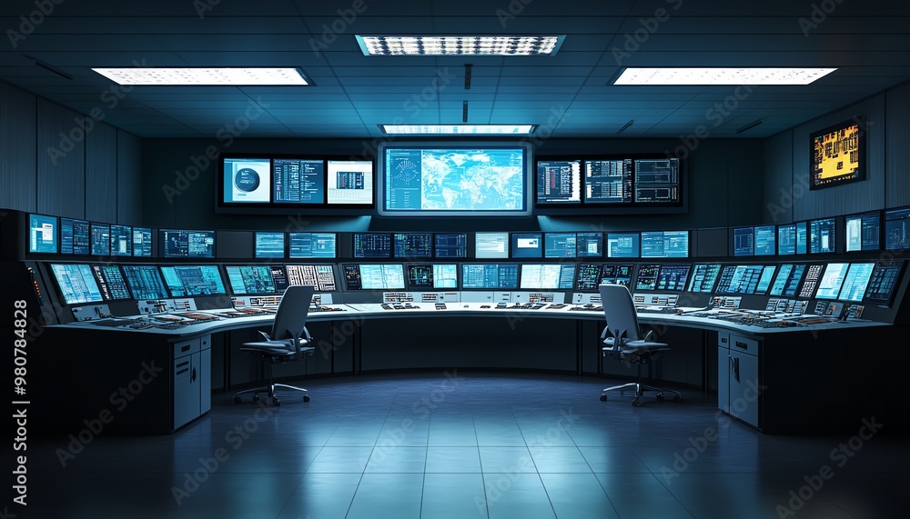 A Curved Control Room with Multiple Monitors Displaying Data A Curved Control Room with Multiple Monitors Displaying Data