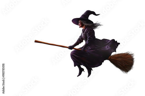 Witch in black cloak and hat flying on broom on transparent background