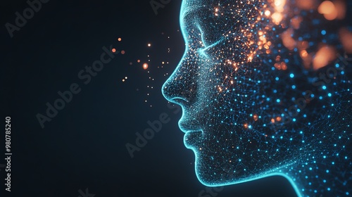 Fototapeta Naklejka Na Ścianę i Meble -  A Digital Representation of a Human Face Composed of Glowing Lines and Dots