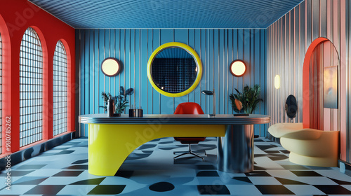 A retro-futuristic office with a statement desk, metallic lighting fixtures, bold color contrasts, and minimal clutter. Perfectly balanced between vintage and ultra-modern design