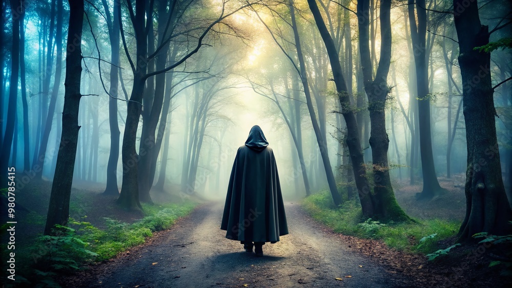 A mysterious figure clad in a dark hooded cloak walks alone on a misty forest path, shrouded in A mysterious figure clad in a dark hooded cloak walks alone on a misty forest path, shrouded in