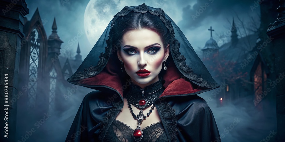 A mysterious woman dressed in a dark, ornate vampire costume with fangs, cape, and pale makeup, posing against A mysterious woman dressed in a dark, ornate vampire costume with fangs, cape, and pale makeup, posing against