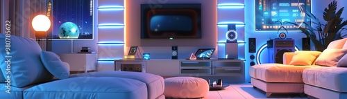 Cozy living room with neoninfused technology, hightech devices, soft neon lighting, futuristic, 3D render photo