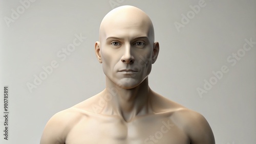 A neutral-toned, generic 3D model of a human figure with average facial features and body proportions, set against photo