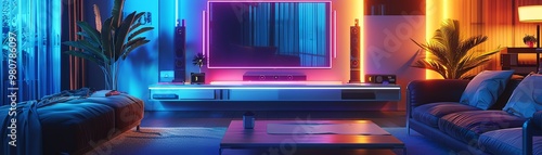 Cozy living room with neoninfused technology, hightech devices, soft neon lighting, futuristic, 3D render photo