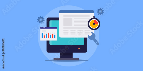 Website loading speed check and software update, monitoring website performance technical SEO optimization concept, vector illustration.