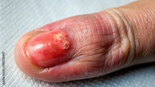 A painful gouty tophus, a small, usually whitish, deposit of uric acid crystals, grows on a swollen, inflamed,