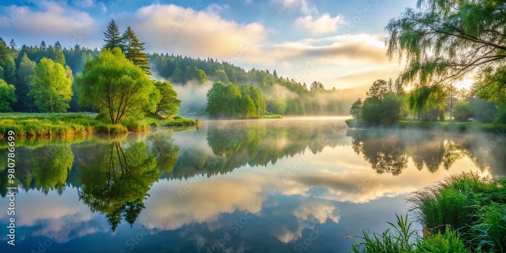 A peaceful morning scene showcasing a serene lake surrounded by lush greenery, with a misty fog rolling in, A peaceful morning scene showcasing a serene lake surrounded by lush greenery, with a misty fog rolling in,