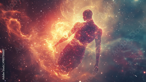 Cosmic Human Figure Surrounded by Glowing Nebula