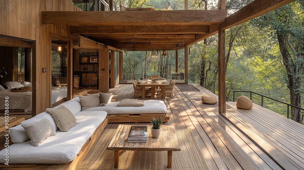 A rustic open-air living area with reclaimed wood furniture, woven rugs, and an open view of the surrounding forest, blending nature with comfort A rustic open-air living area with reclaimed wood furniture, woven rugs, and an open view of the surrounding forest, blending nature with comfort