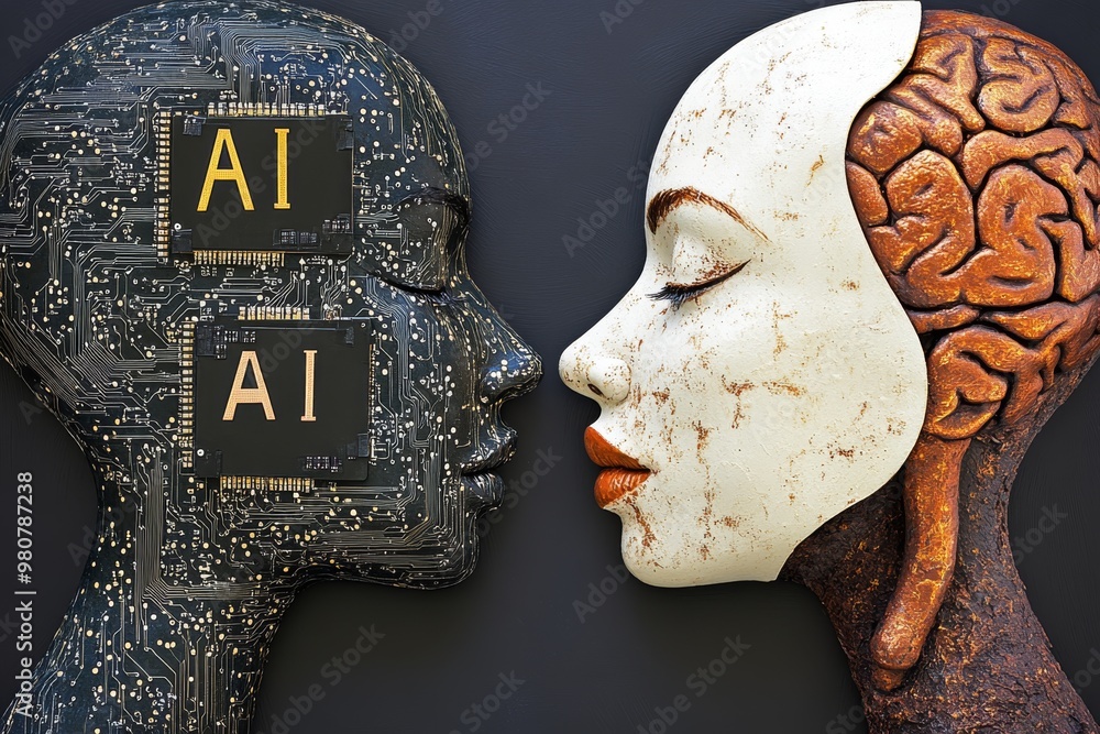 Abstract human and AI face fusion with the words AI displayed ...