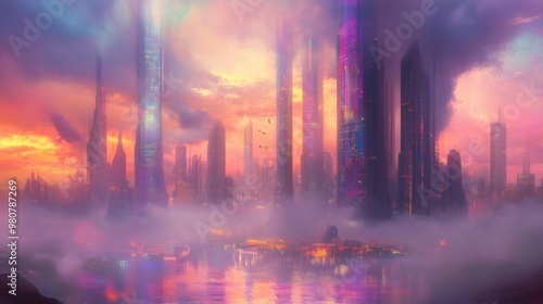 "Futuristic Cityscape at Sunset with Tall Skyscrapers"