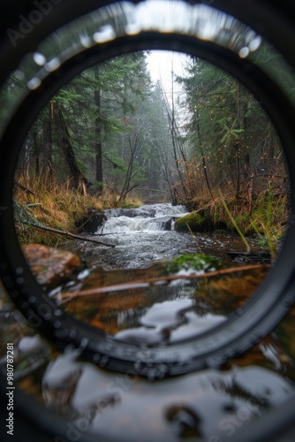 A tranquil forest stream captured through a circular lens in a lush green woodland during a misty morning