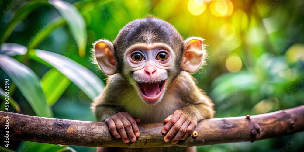 Fototapeta premium A playful monkey with a bright, toothy grin and sparkling eyes joyfully perches on a branch, exuding a