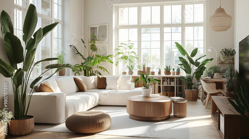 A Scandinavian-inspired living room featuring white walls, light wooden floors, and large potted plants that enhance the biophilic atmosphere.