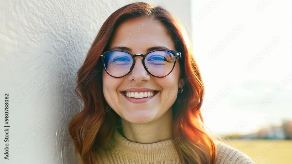 The camera slowly zooms in on a young woman with long, straight red hair, wearing glasses and a cream sweater, captured in natural light outdoors. The camera slowly zooms in on a young woman with long, straight red hair, wearing glasses and a cream sweater, captured in natural light outdoors.