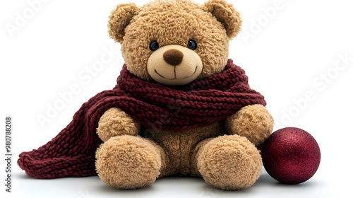 a teddy bear wearing a scarf and a red ball