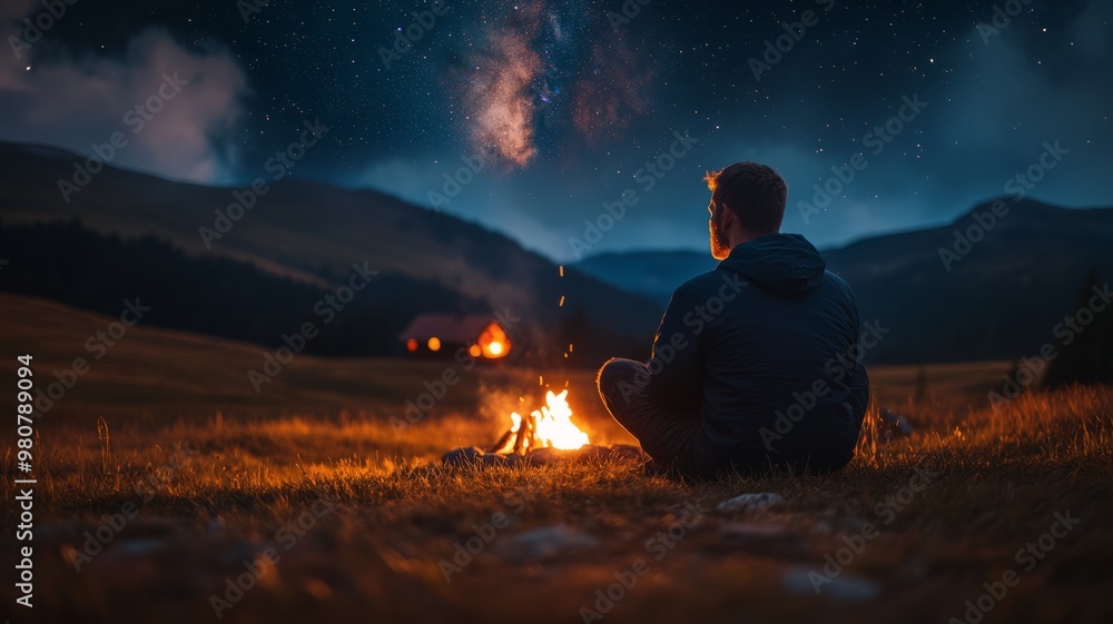 Man Sitting by a Campfire Under a Starry Night Sky Man Sitting by a Campfire Under a Starry Night Sky