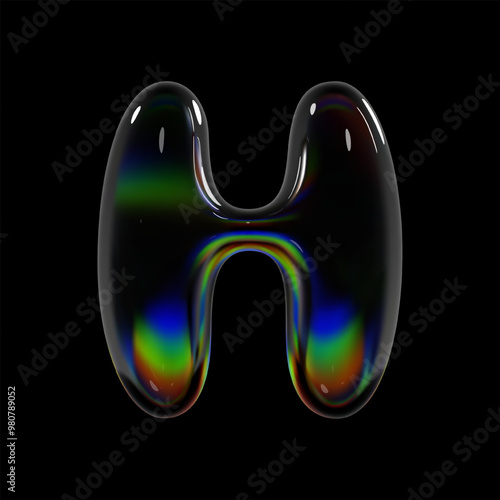 3d holographic glass letter H with smooth, glossy, and reflective surface. Inflated balloon bubble style isolated character with a rainbow dispersion effect for Y2K typography and modern font projects