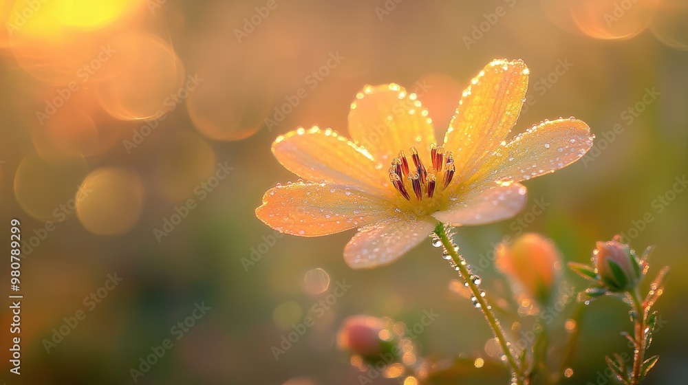 Beautiful Yellow Flower with Dew Drops in Soft Light Beautiful Yellow Flower with Dew Drops in Soft Light
