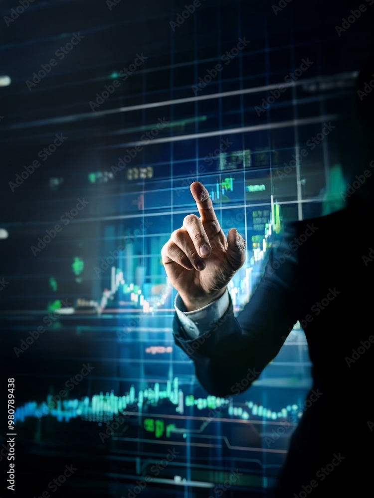 A hand reaches out to touch a digital screen displaying a grid of fluctuating lines and data points. A hand reaches out to touch a digital screen displaying a grid of fluctuating lines and data points.