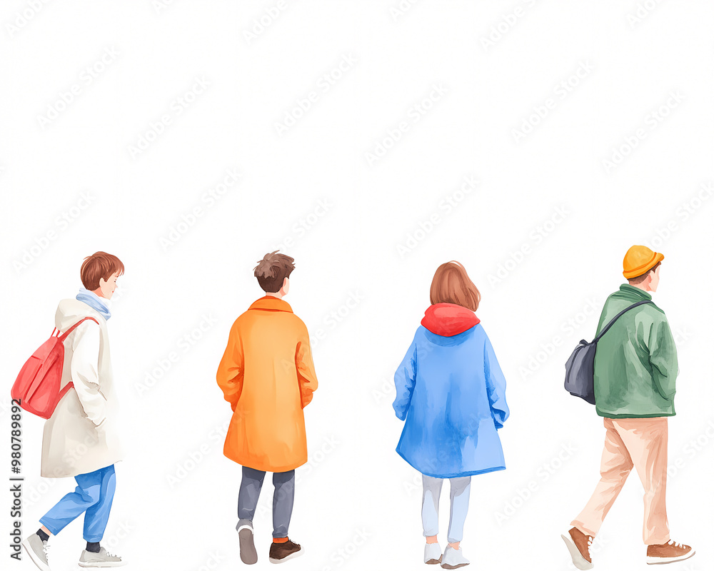 Four people are walking down a street, with one of them wearing a red backpack. The scene is set in a cold, urban environment, with the people dressed in warm coats and carrying backpacks