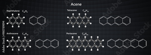 Set of molecules acenes: naphthalene, anthracene, tetracene, pentacene. Acenes are a class of organic compounds and polycyclic aromatic hydrocarbons consisting of linearly attached benzene rings.
