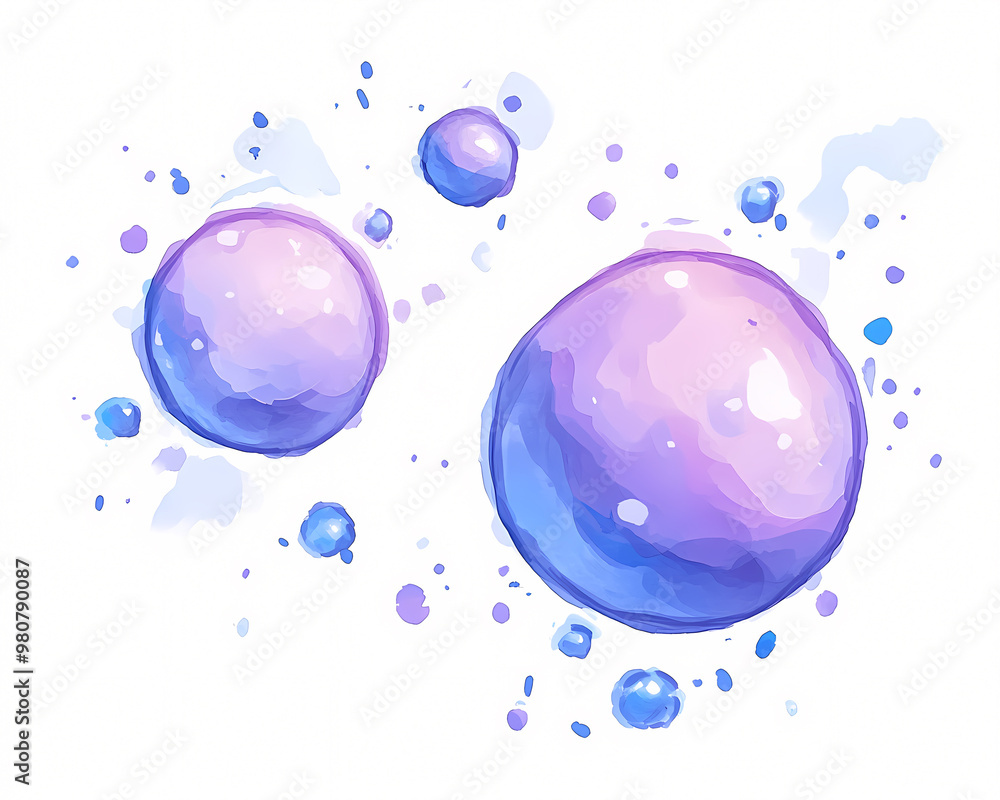 Two large purple and blue spheres, surrounded by smaller blue and purple spheres. Scene is playful and whimsical, with the bright colors and varying sizes of the bubbles creating a sense of fun Two large purple and blue spheres, surrounded by smaller blue and purple spheres. Scene is playful and whimsical, with the bright colors and varying sizes of the bubbles creating a sense of fun