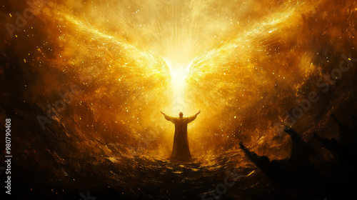 A figure stands victorious in a heavenly, spiritual realm, bathed in golden light