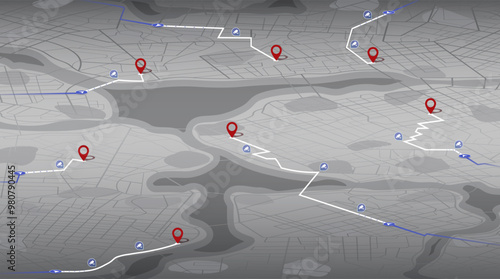 Concept of speed detection. Location tracking radar and road traffic rule violation. Map in grayscale with designated routes. POI marked with red location pins, along the route. Vector illustration