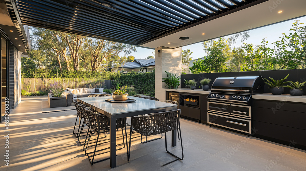 Fototapeta premium A sleek outdoor kitchen with a built-in BBQ grill, minimalist countertops, and a shaded dining area with designer furniture