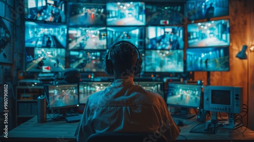 Surveillance operator monitoring multiple security feeds in a control room late at night