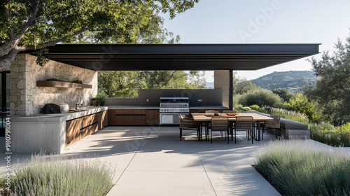 A sleek outdoor kitchen with a built-in BBQ grill, minimalist countertops, and a shaded dining area with designer furniture