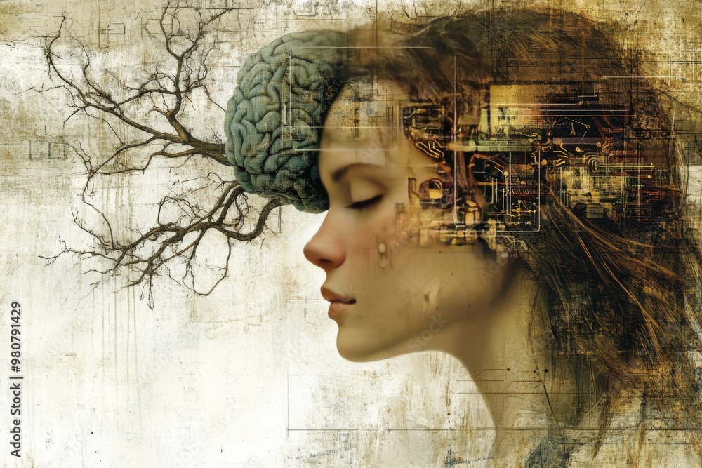 Surreal portrayal of a human face intertwined with a tree and digital ...
