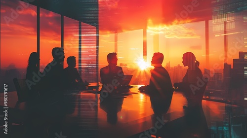 Business team meeting in a boardroom, double exposure with an office building silhouette, people working together.