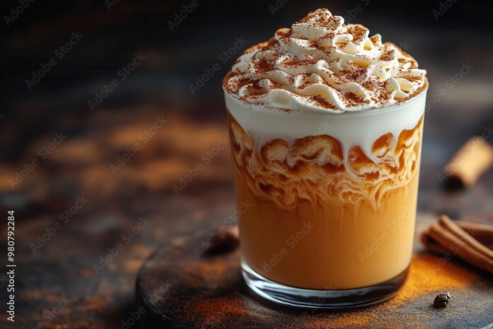 artisanal pumpkin spice cold brew swirling cream patterns rustic wooden stirrer amber liquid catching warm light autumnal spices dusted atop frothy surface artisanal pumpkin spice cold brew swirling cream patterns rustic wooden stirrer amber liquid catching warm light autumnal spices dusted atop frothy surface