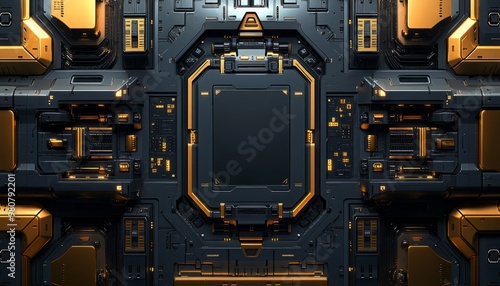 Futuristic Black and Gold Technology Panel with Empty Central Space