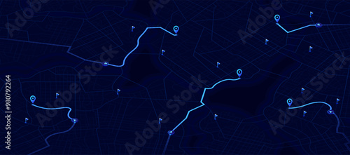 Abstract transportation background. Track navigation pins on street maps, position pin. Isometric Gps map navigation to own pin. City top view. Vector illustration