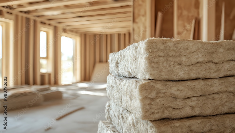 Close up of fiberglass insulation in a new home construction. Close up of fiberglass insulation in a new home construction.