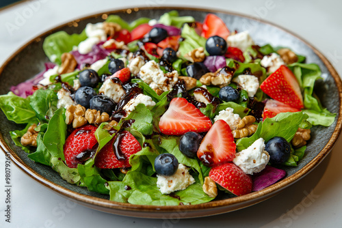 A fresh salad featuring mixed greens, strawberries, blueberries, walnuts, and feta cheese served on a rustic plate,