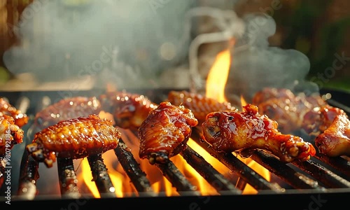 Flame-grilled chicken wings on an outdoor BBQ.