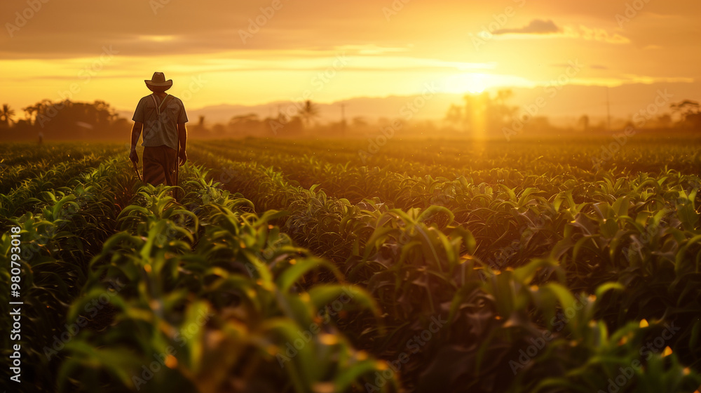 Fototapeta premium Farmer walking through cornfield at sunset, agriculture concept, nature, harvest