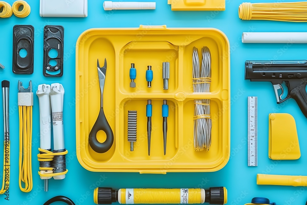Assortment of Tools and Objects Organized on a Blue Background Assortment of Tools and Objects Organized on a Blue Background