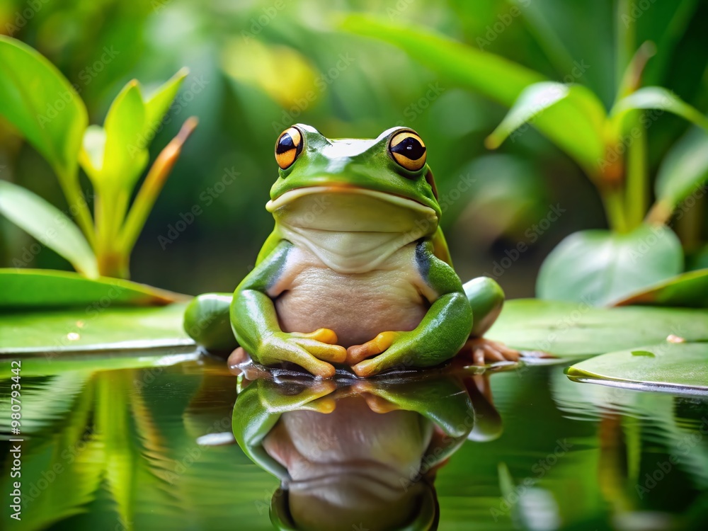 A serene green frog sits cross-legged on a lily pad, eyes closed, hands clasped together in a meditative A serene green frog sits cross-legged on a lily pad, eyes closed, hands clasped together in a meditative