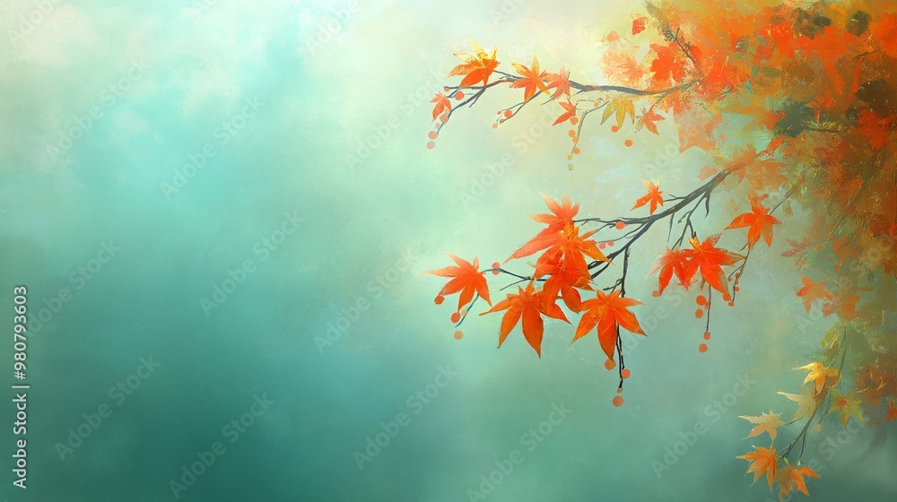 Vibrant orange maple leaves on branches against a dreamy teal background. Soft, misty atmosphere creates a serene autumn scene. Perfect for seasonal designs Vibrant orange maple leaves on branches against a dreamy teal background. Soft, misty atmosphere creates a serene autumn scene. Perfect for seasonal designs